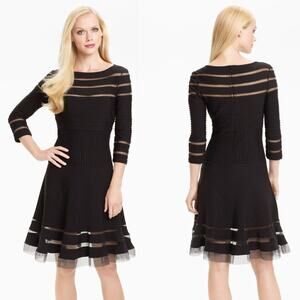 Tadashi Shoji Black Mesh Stripe Fit & Flare Cocktail Party Dress Medium 8